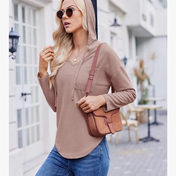 Womens Hoodies Long Sleeve Pullover Top V Neck Drawstring With Pocket (072) - Picture 5 of 5